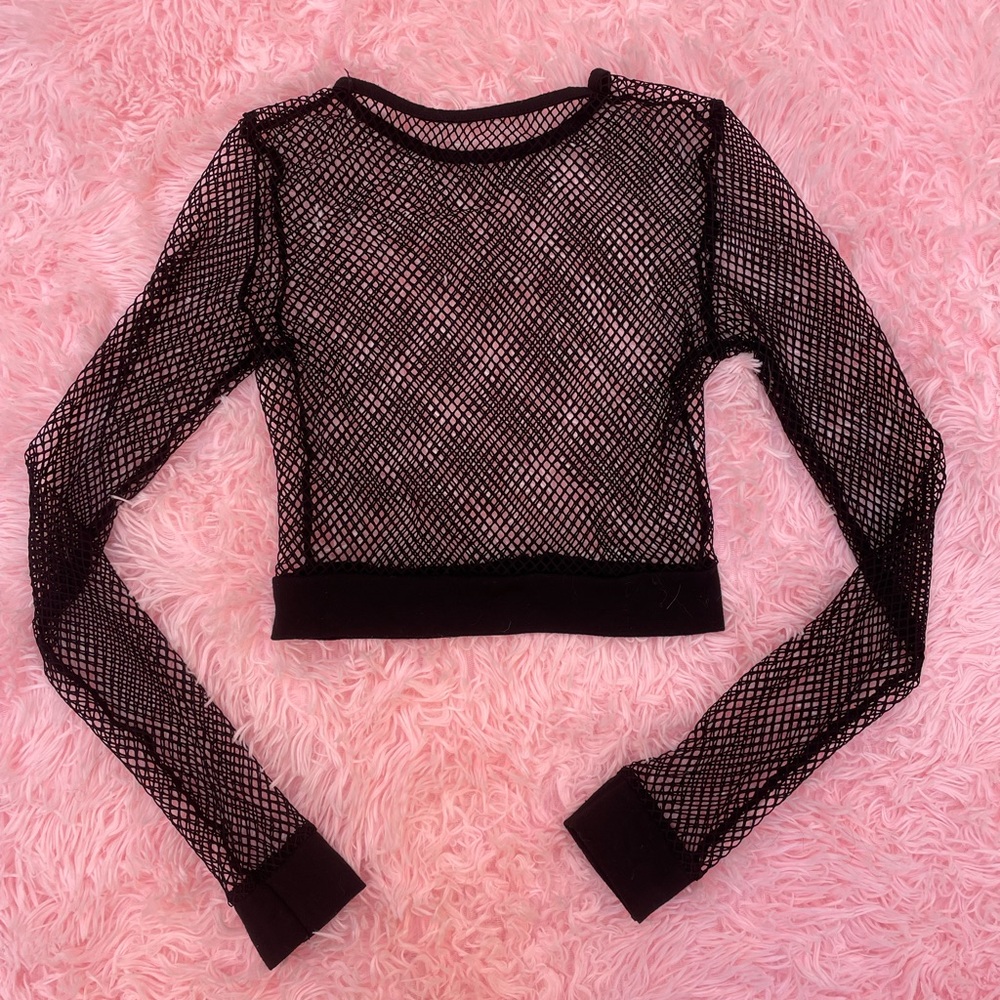 Black Long Sleeve Fishnet Rave / Festival Crop Top / Undershirt | Small S